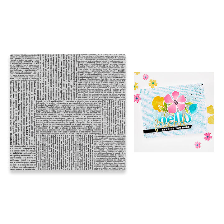 Cling stamp with blocks of text and a floral 'hello friend' card.