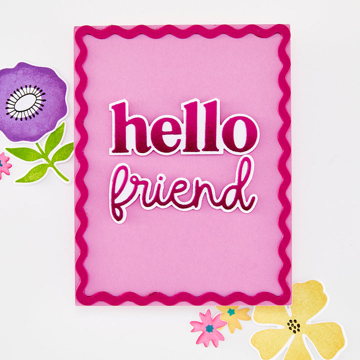 Pink sign with 'hello friend' text surrounded by colorful flowers on a white background