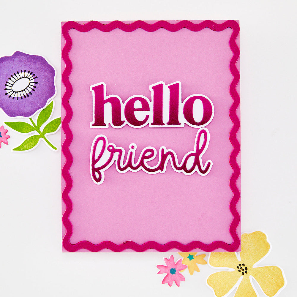 Pink sign with 'hello friend' text surrounded by colorful flowers on a white background