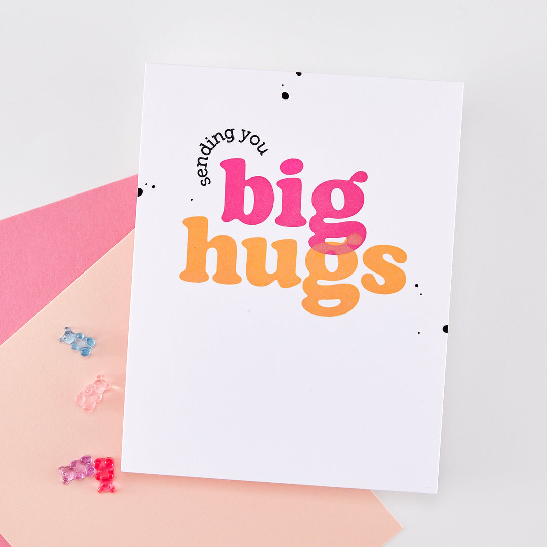 Card with 'sending you big hugs' text on a white background